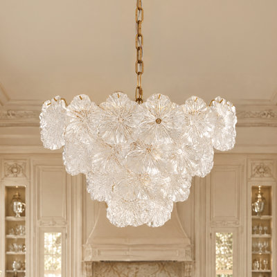 Lustre à 9 lumières et 4 niveaux, 61 cm (24 po), en verre texturé floral, laiton antique