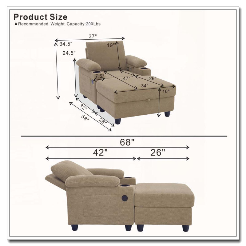 Fauteuil convertible avec repose-pieds, dossier inclinable, porte-gobelets et charge USB, Tissu chameau