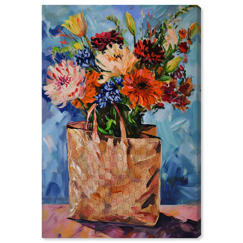 «Whimsical Flower Bag Canvas Vibrant Coastal», art mural par Art Remedy, H 16 po x l 11 po, Cadre doré