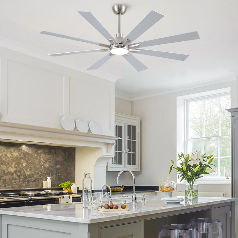 Modern 62" 8-Blade Windmill Indoor Brushed Nickel Ceiling Fan With LED Lights, Remote Control and Quiet DC Motor, Silver