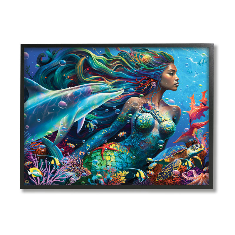 «Mermaid Underwater Sea Life», art giclée par Michael Ward, H 16 po x l 20 po x P 1,5 po, Giclée encadrée noir minuit