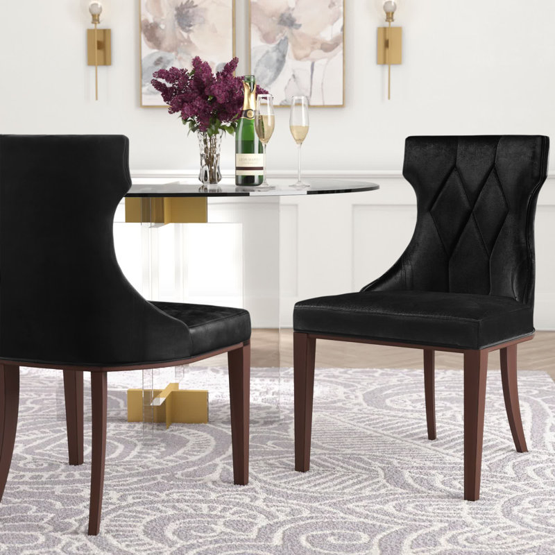 Reine Traditional Velvet Upholstered Beech Wood Side Chair in Black, Black