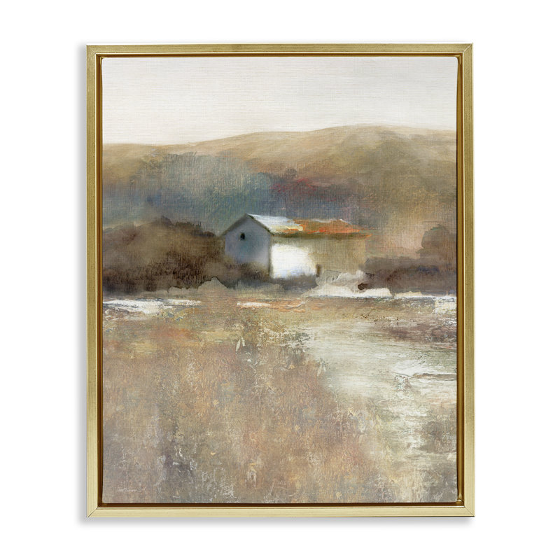 Distant Cabin with Rustic Scenery, Metallic Gold Floater Frame, 31" H x 25" W