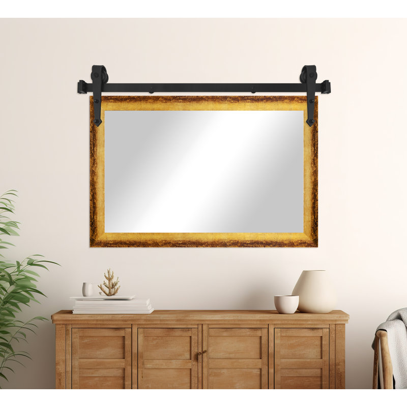 Miroir rustique moderne avec rail de porte de grange en acier, Doré et bronze, 32 po x 33 po
