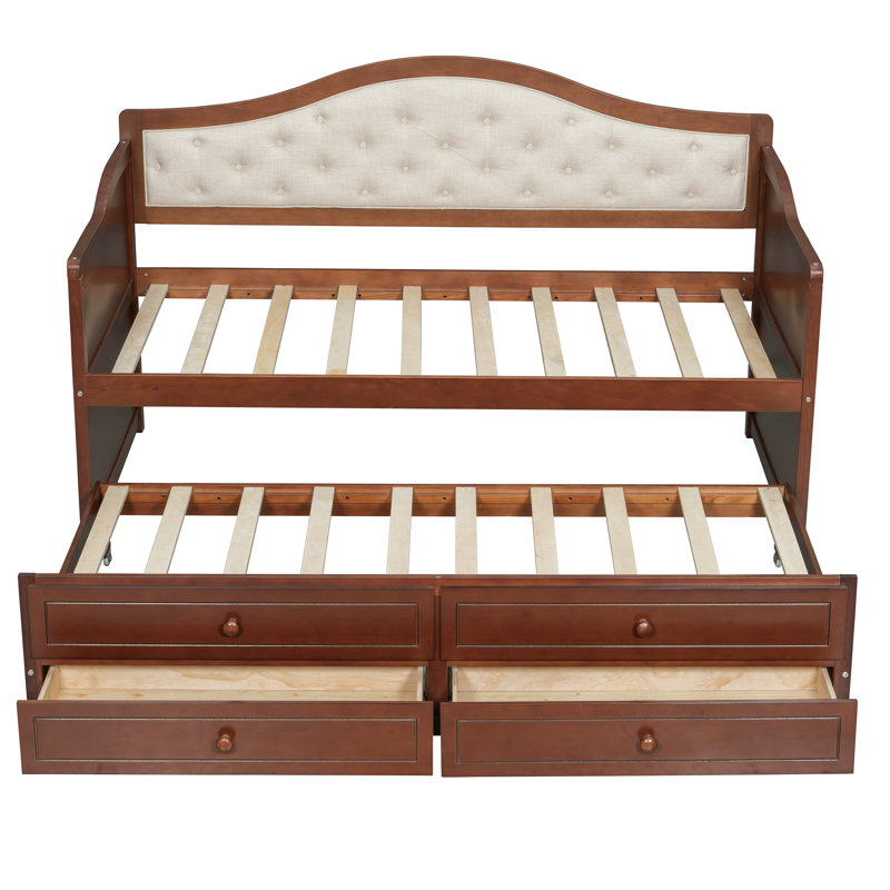 Lit de jour simple avec lit gigogne et 2 espaces de rangement, noyer rembourré à boutons pour pièces fonctionnelles, unités de lit élégantes