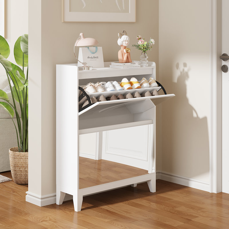Armoire de rangement à chaussures en miroir avec 2 tiroirs rabattables, Blanc