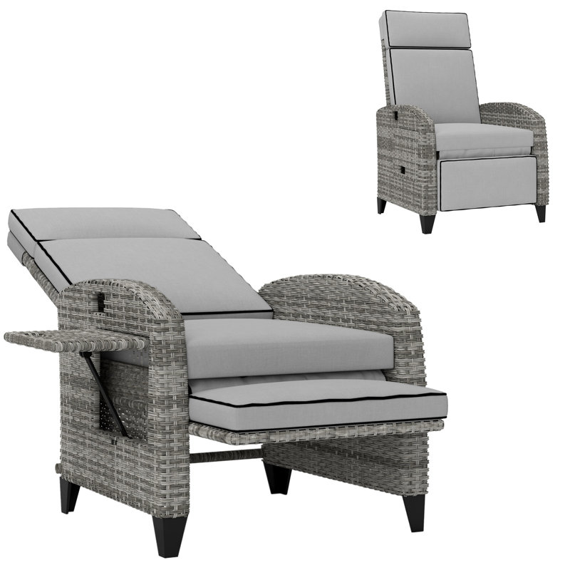 Outdoor Recliner Chair With Cushions, Reclining Patio Lounge Chair With Adjustable Footrest, Armrests, Tray Table, Gray, Gray