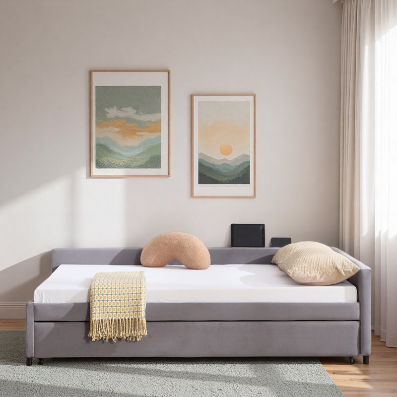 Upholstered Daybed With Trundle And Usb, Gray
