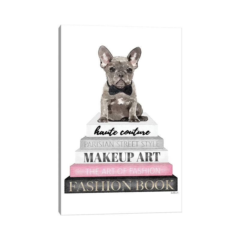 Grey Books With Pink, Grey Frenchie, Bowtie by Amanda Greenwood - Wrapped Canvas Painting
