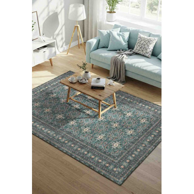 Lucien Green Vintage Textured Traditional Patterned Woven Based Chenille Rug