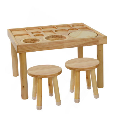 Table sensorielle pour tout-petits 1 à 3 avec 2 chaises, ensemble de chaises de table pour enfants en bois avec planches à double face pour jouer au sable et à l'eau