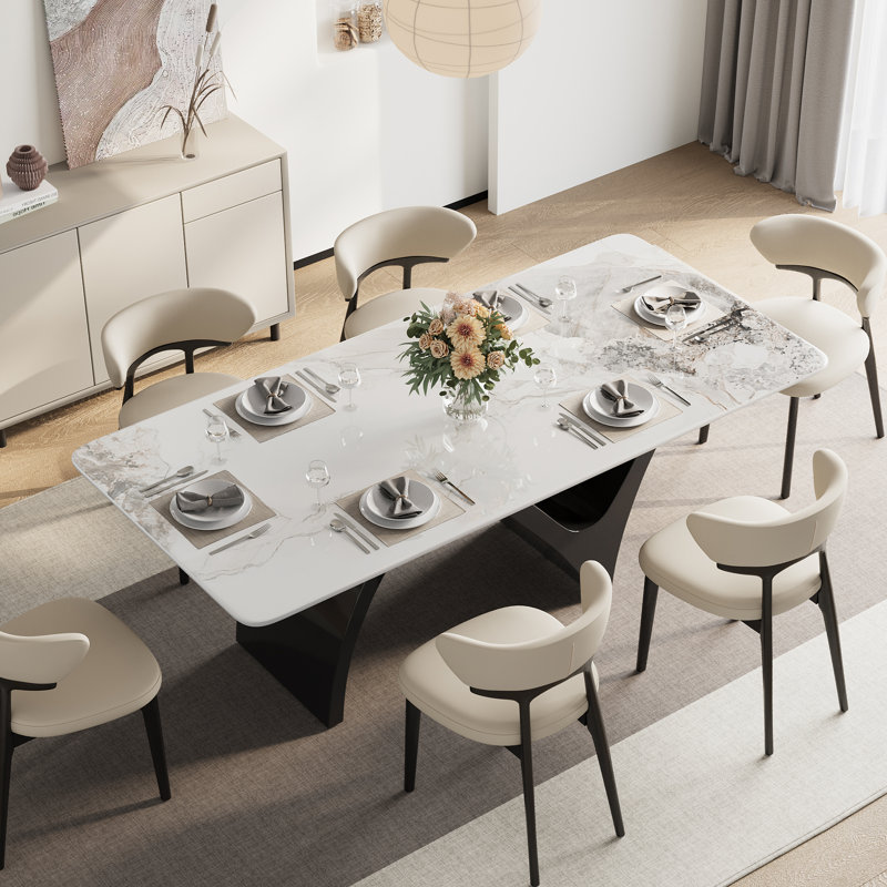 Table de salle à manger rectangulaire 71 "pour 4-6, table de salle à manger en faux marbre avec pieds en forme de N