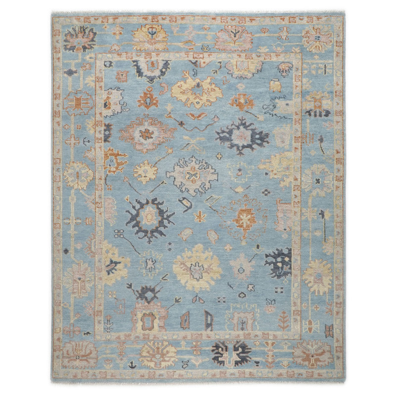 Tapis bleu clair et doré en laine noué à la main 9 x 11 pi 9 po Oushak