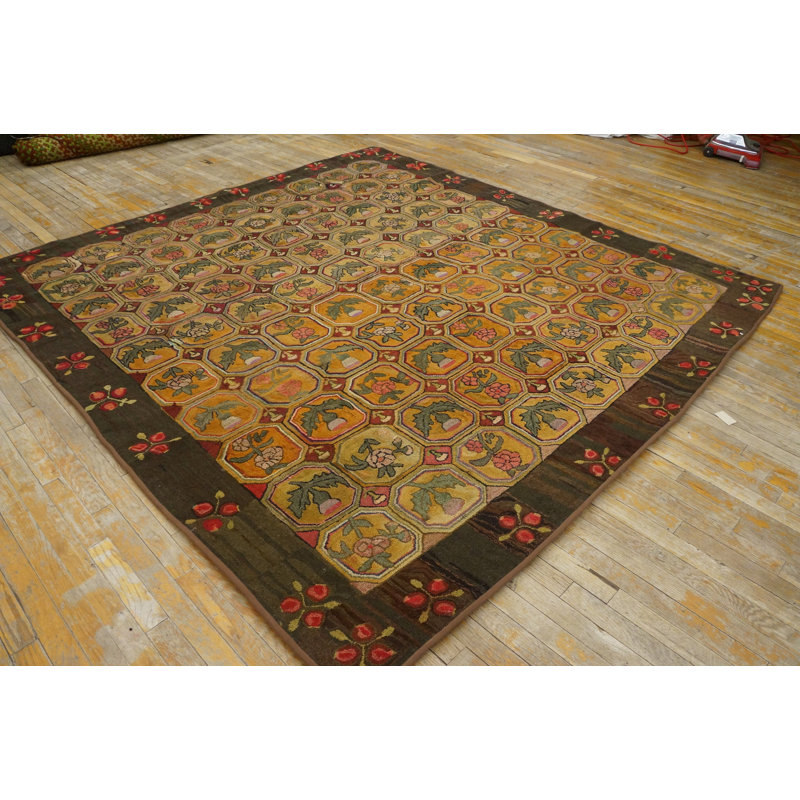 Antique American Hooked Usa Allover Floral Wool 1880s Rug