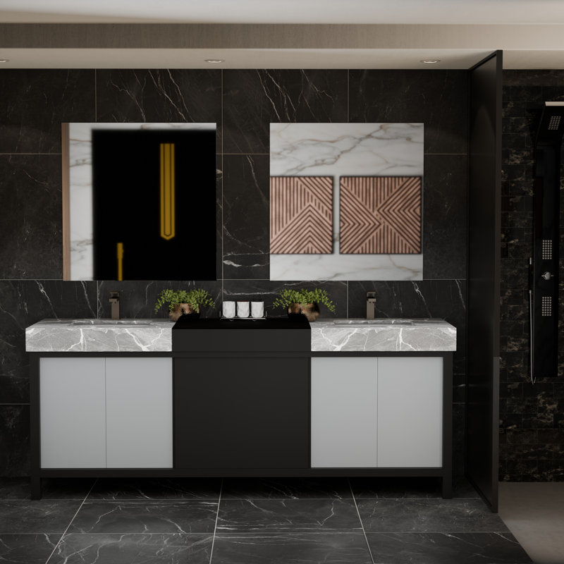 Meuble-lavabo de salle de bain 84 po Lexora Zilara en noir et gris, avec comptoir et robinet