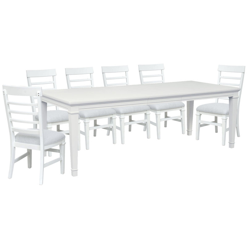 White Extendable Rectangular Dining Table With 6 Side Chairs, White/Gray, 7 Pcs: Table, 6 Chairs