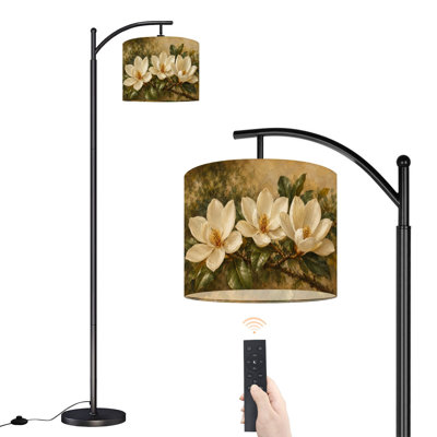 Lampe sur pied à arc avec abat-jour réglable fleur rétro Magnolia en fleurs, feuilles vertes, pétales, lampe sur pied, 3 températures, intensité variable, grand mât avec interrupteur au pied pour la chambre à coucher