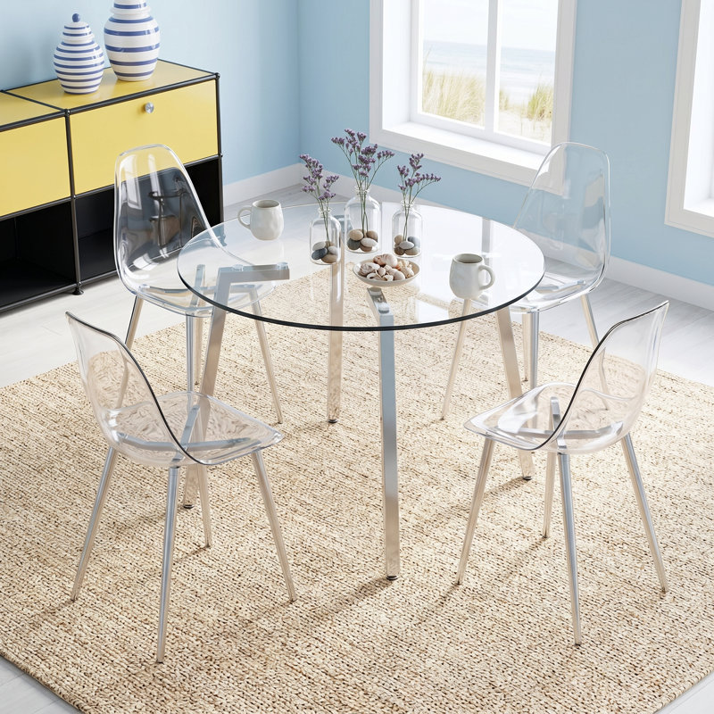 Ensemble de salle à manger rond moderne et élégant, table en verre trempé avec chaises fantômes , Argent