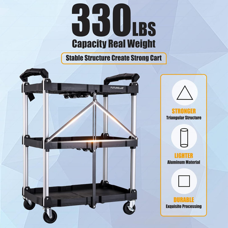 Chariot de service portatif et pliable - capacité à 3 niveaux de 330 lb - Chariot pliable avec roulettes