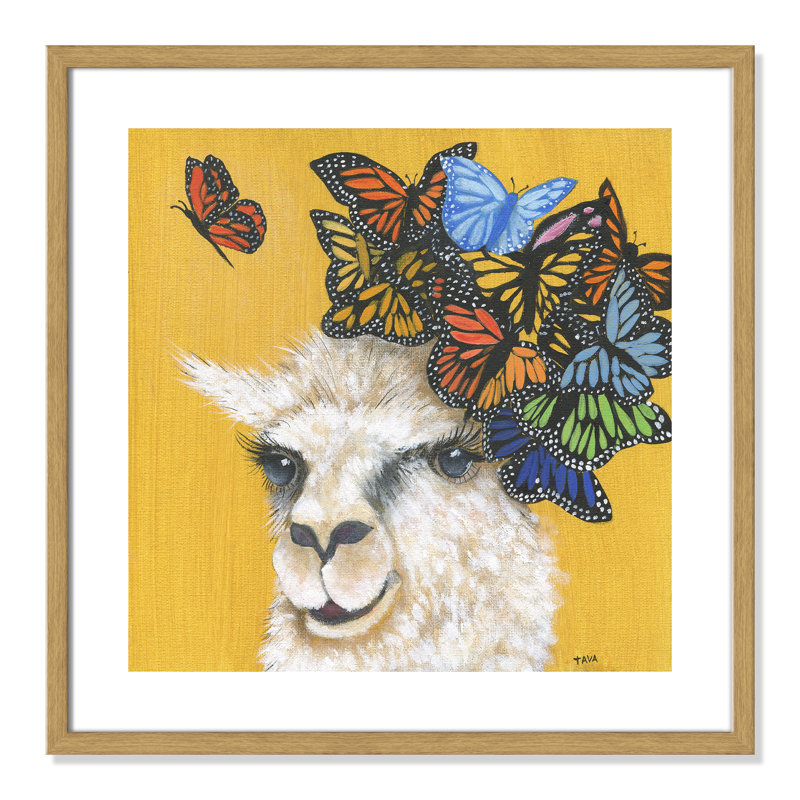 Art sur toile llama, H 23,5 po x l 23,5 po x P 1,18 po, Cadre en chêne