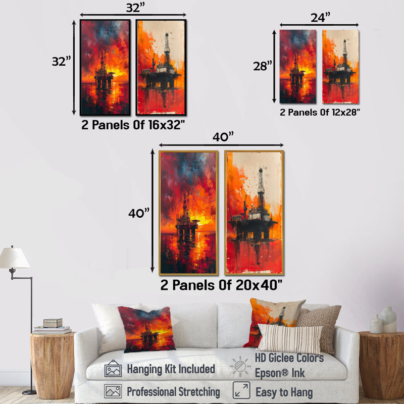 Ensemble de 2 œuvres d'art sur plate-forme à huile rouge et orange Sunrise Rodeo I, H 28 po x l 24 po, Cadre flottant noir