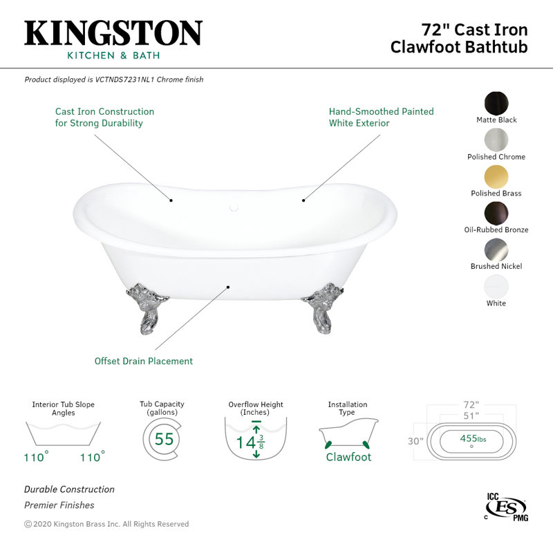 Kingston Brass Aqua Eden 72-Inch Cast Iron Oval Double Slipper Clawfoot Tub (No Faucet Drillings), White/Oil Rubbed Bronze