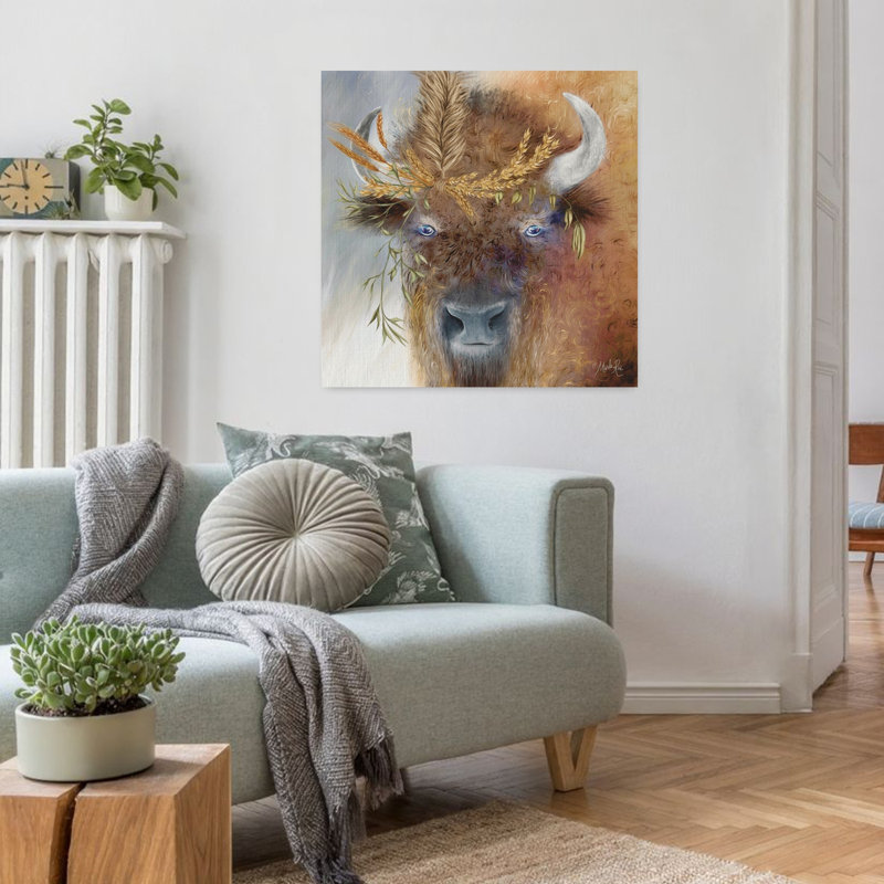 Wheat Crown Bison Whimsical Contemporary Bison Portrait Wall Art Print, 81.28cm H x 81.28cm W
