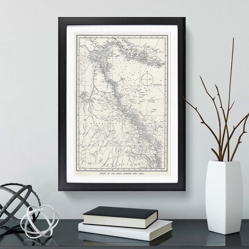 Map Chart of the Great Barrier Reef Area - Picture Frame Drawing Print, 65cm H x 48cm W x 2cm D, Black Framed