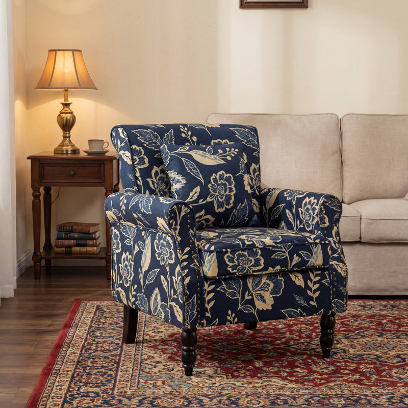 Vintage Floral Upholstered Armchair With Rolled Arms And Wooden Legs, Navy Ground Floral