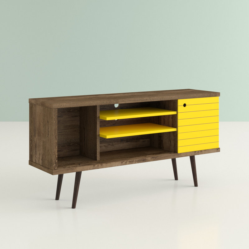 Liberty 53" Mid-Century Modern 5-Shelf TV Stand for TVs up to 50" in Rustic Brown and Yellow, Rustic Brown/Yellow