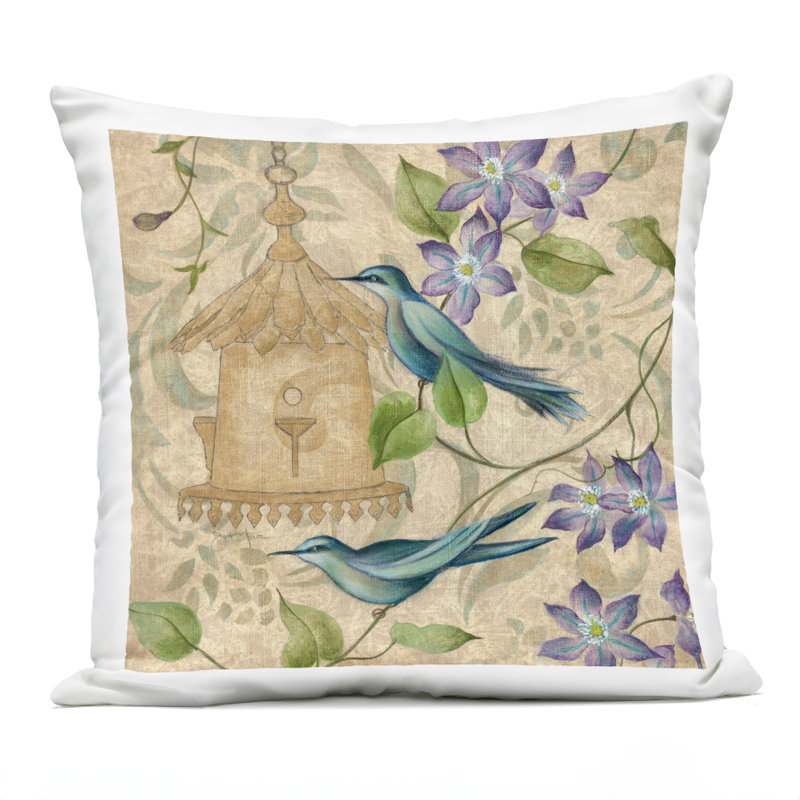 Coussin d'extérieur imprimé Spring's Song Bird Scene par Janet Tava, Beige / oiseaux mauves