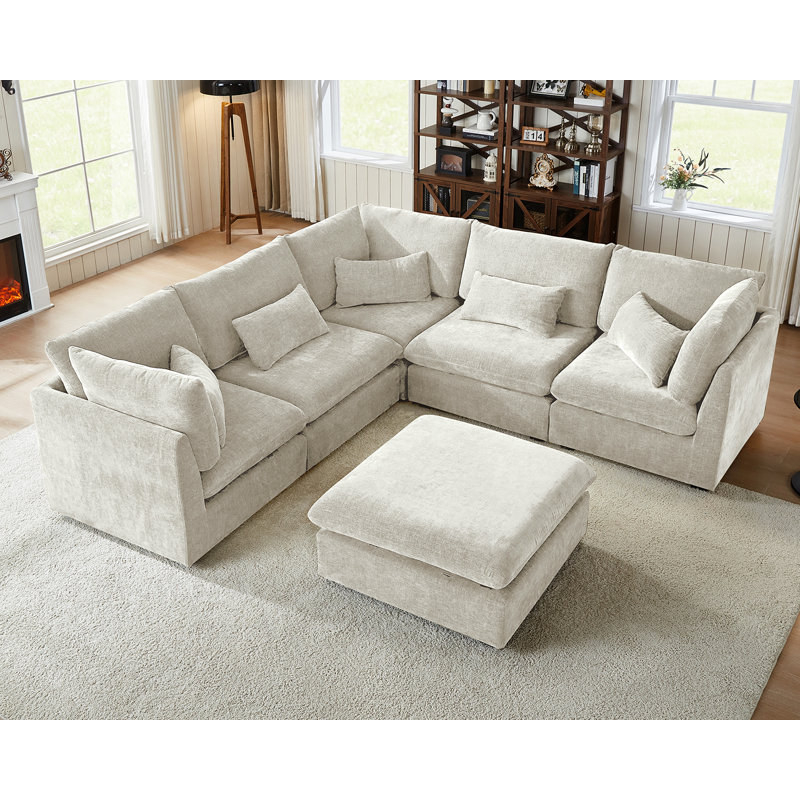Canapé modulaire surdimensionné en V en chenille surdimensionné en V avec canapé-lit, Chenille crème