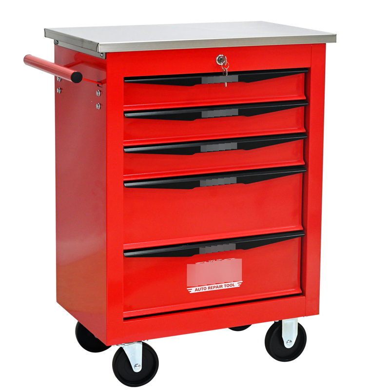 5 tiroirs, chariot à outils à roulettes en métal, roues, rouge et noir, verrouillable, poignée à tirer, frein, chariot d'atelier de garage à roulement, toit en acier inoxydable, glissière de capacité de charge universelle de 15 kg,