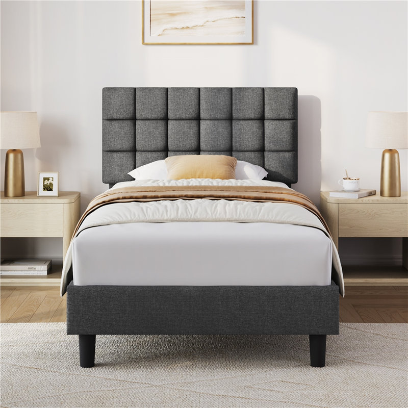 Size Modern Upholstered Bed Frame with Adjustable Square Tufted Headboard, Linen Fabric/Dark Grey, Single (3')