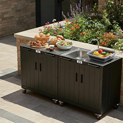 Ensemble d'armoires de cuisine d'extérieur modulaire 2 pièces avec barbecue pliable multifonctionnel