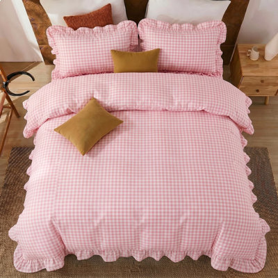 Ensemble de housse de couette 100% coton vichy rose grand avec garniture à volants, ensemble de literie en coton doux pour les filles, housse d'édredon à carreaux mignonne avec fermeture à glissière et attaches de coin