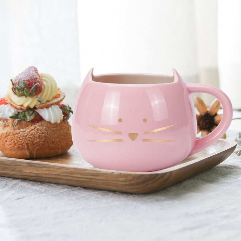 Tasse en céramique rose en forme de chat de 12 oz à motif de chat de 12 oz, visage de chat doré, finition brillante, lavable au lave-vaisselle, idéale pour le café / thé / boissons chaudes, taille compacte convenant aux bureaux / au chevet, cadeau adorable pour les amoureux des chats