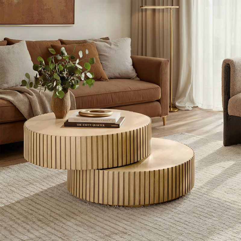 Jadida Gabriela Modern 27.8"W Fully Assembled Swivel-Top Fluted Round Coffee Table With Dual Rotating Surfaces, Natural
