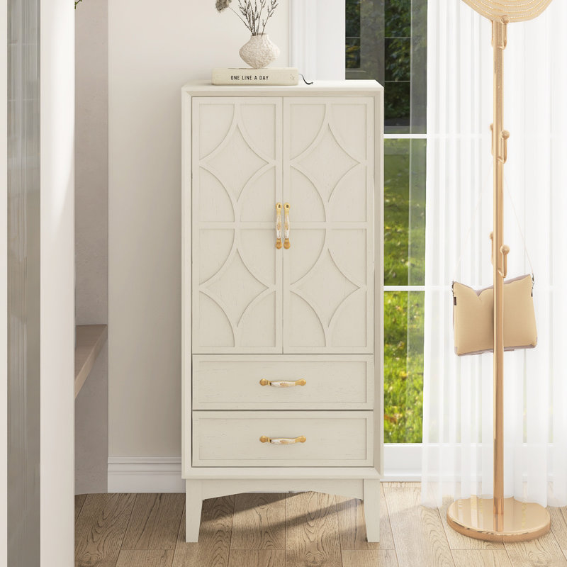 Armoire de rangement de 53,5 po de hauteur Mid-Century moderne avec 2 tablettes réglables et 2 tiroirs, Blanc
