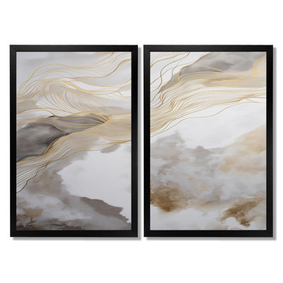 «Gold and Gray Abstracted Line Artistry - Abstract Line Art Wall Art, Gold Abstract, reproduction sur toile 2 pièces