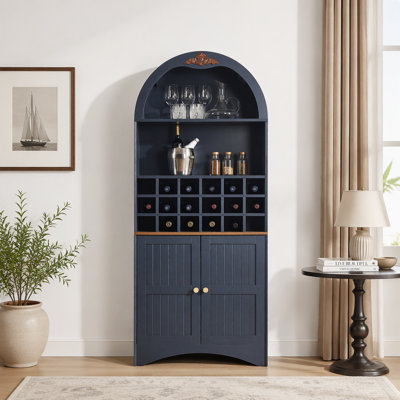 Armoire de rangement autoportante autoportante et arquée avec surface anti-rayures, tablettes réglables et support à vin amovible pour le salon
