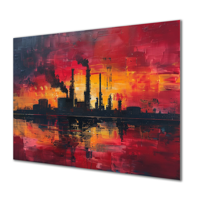 Jaune, rouge, production, pionniers, usines, usines, art mural, salon, Métal métal, H 12 po x l 20 po x P 1 po