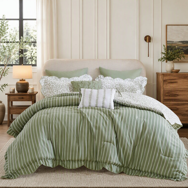 Ensemble de couette imprimée 5 pièces pour lit queen : couette 90 x 90 pouces, taies d’oreiller 20 x 26 pouces, Sage Green