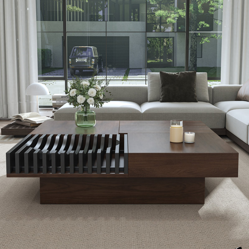  Table basse carrée moderne de 47,2 po avec rangement, table d'appoint moderne noyer Mid-Century avec tiroirs cachés et plateforme concave noire
