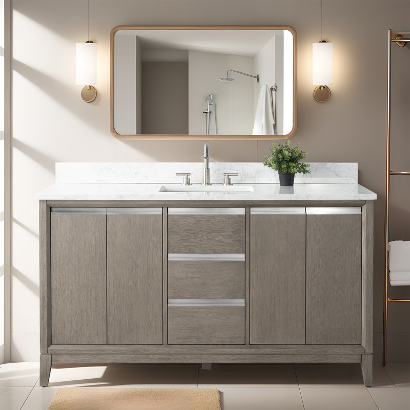 Meuble-lavabo double 60 po avec comptoir, Bois flottant gris, Simple , 60"