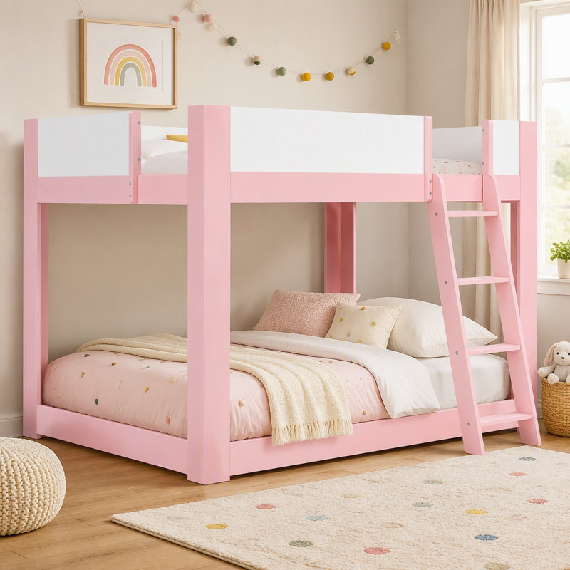 Lit double superposé double pleine grandeur, lit superposé convertible en bois avec échelle réversible et garde-corps de sécurité, rose et blanc