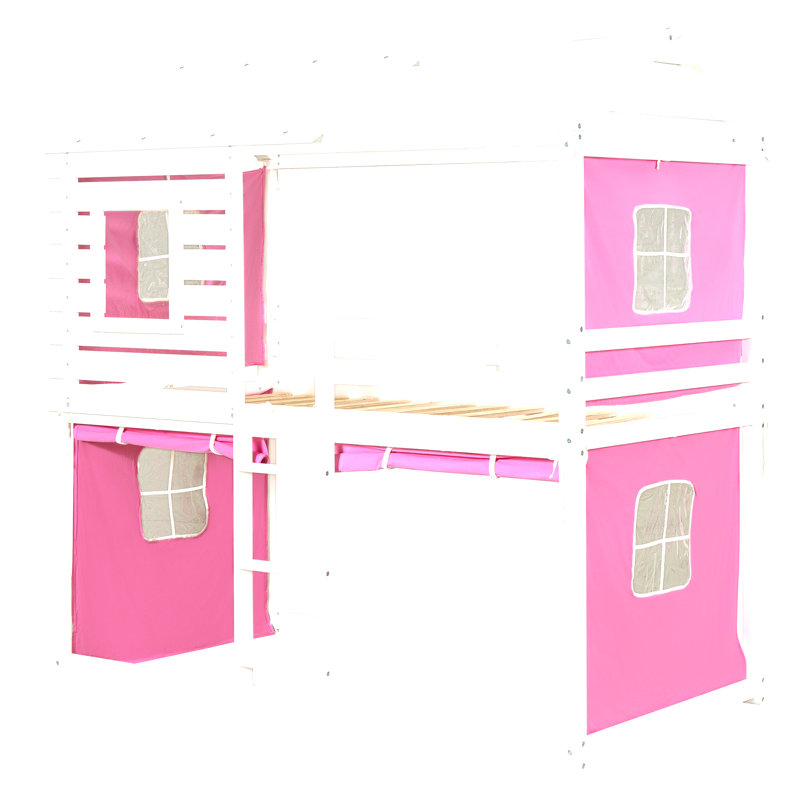 Lit simple superposé en bois avec tente, rose et blanc