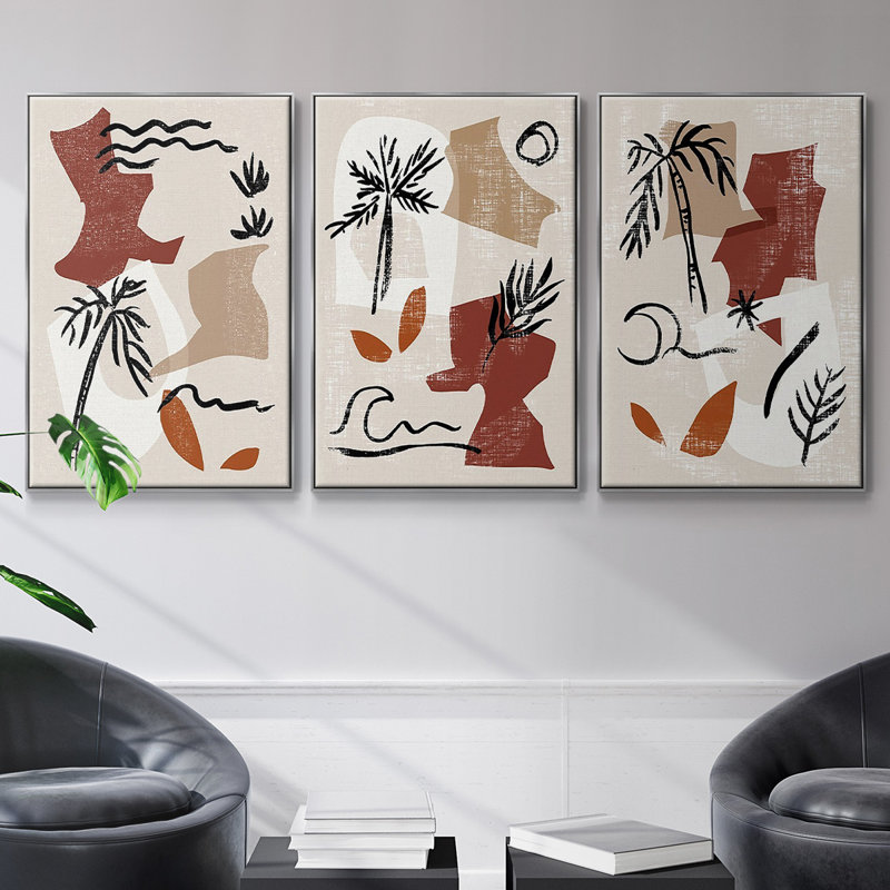«Soft Palms I», reproduction sur toile 3 pièces, H 27 po x l 54 po x P 2 po, Encadrement argenté