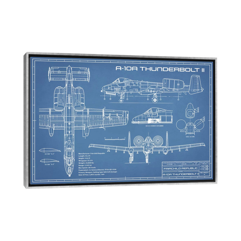 A-10 Thunderbolt II [Phacochère] Plan d'avion - reproduction de dessin, Pas de tapis, H 18 po x l 26 po x P 1,5 po