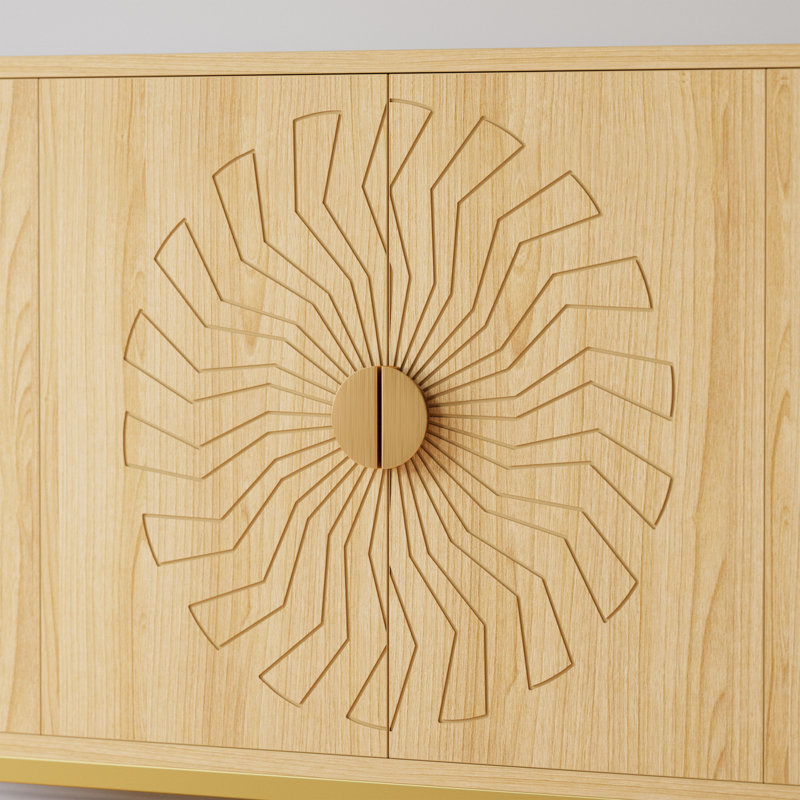 55" Light Brown Sunflower Pattern Sideboard Buffet Cabinet with Metal Base